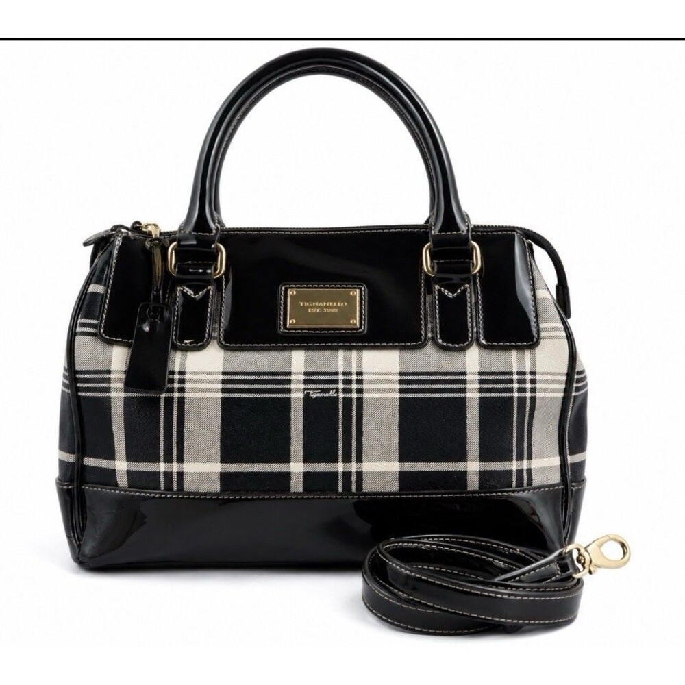 Tignanello Social Status Black Plaid Patent Leather Satchel Shoulder Bag